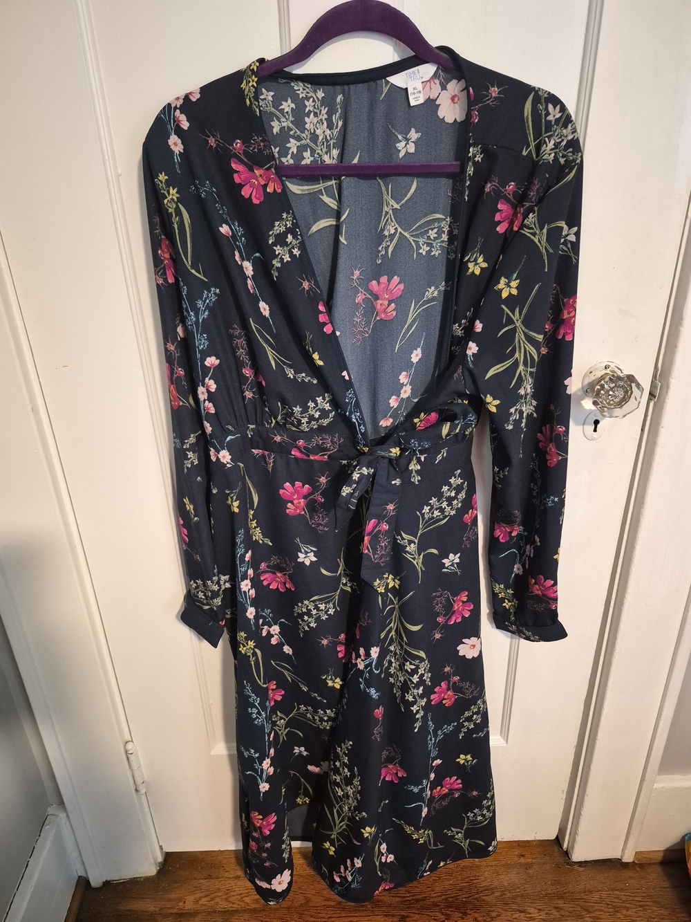 Time and Tru Navy Floral Wrap-Style Dress with Pink Blossoms